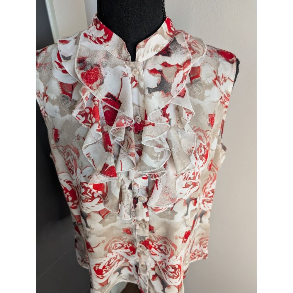 Tahari ASL‎ Petite Gray and Red Floral Ruffle Button-Down Sleeveless Blouse - PL - Picture 2 of 8